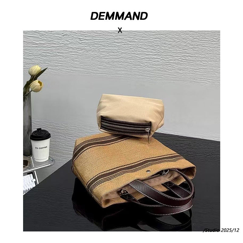 草编包日系网红款复古新款牛皮单肩包大容量托特包条纹手提斜挎包