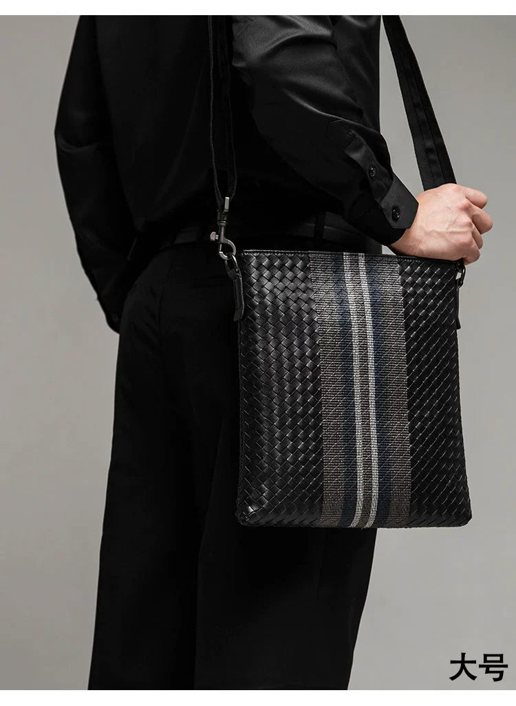 X&BV单肩包男真皮休闲男士斜挎包新潮竖款时尚牛皮编织男包小背包