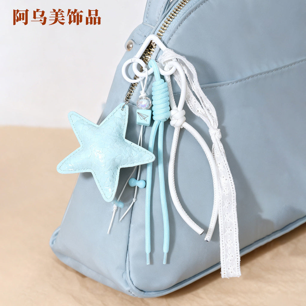 新款miu系丝带亮面皮革五角星小众包包挂件钥匙扣挂绳饰品串珠挂