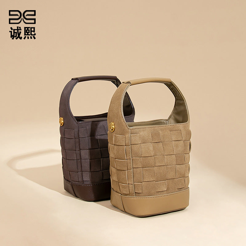 复古小众手工编织包磨砂麂皮绒手拎水桶包拼色子母包单肩斜挎女包