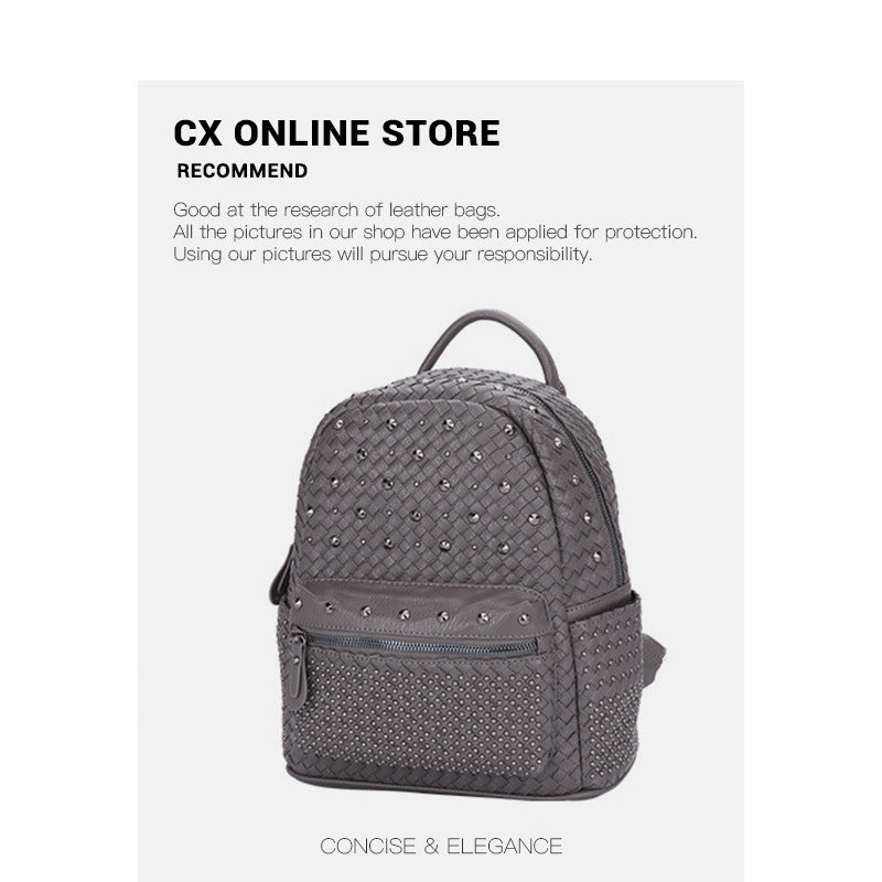 双肩包包女2025新款潮单肩斜挎两用女包时尚编织铆钉背包一件代发