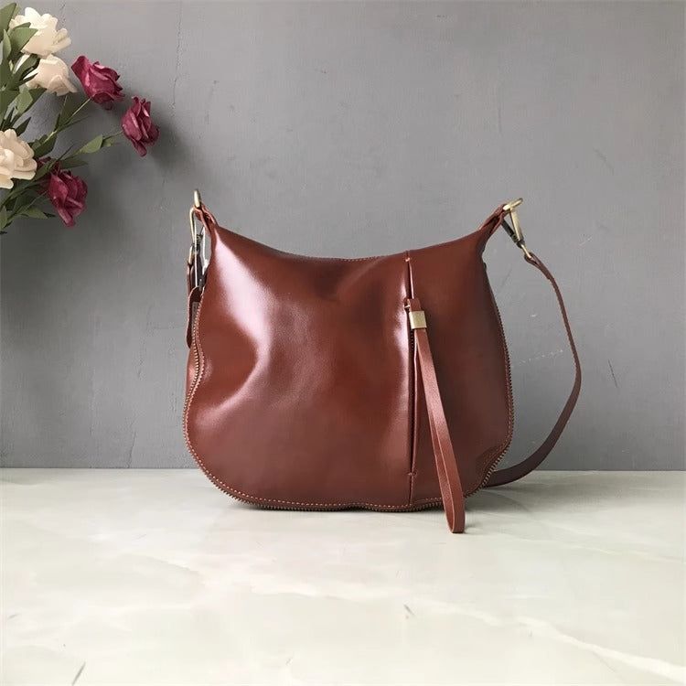 直播新款复古时尚马鞍包包女植鞣牛皮软皮质感小众设计单肩斜挎包