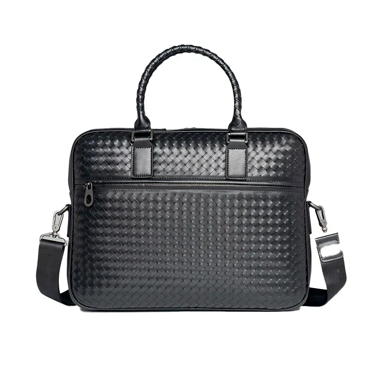 X&BV手提包男商务电脑包大容量编织男包单肩挎包包男士公文包真皮