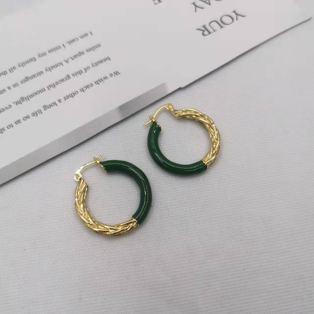 赛家21新款绿色几何形圆形耳环女珐琅编织耳圈高级感气质拼色耳扣