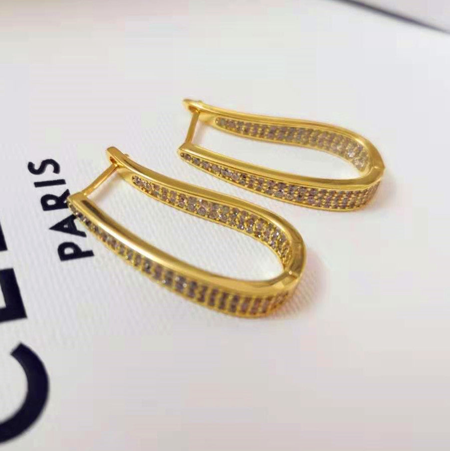 赛家新款耳扣金色满钻镶钻复古气质时尚港风耳饰不规则U形耳环