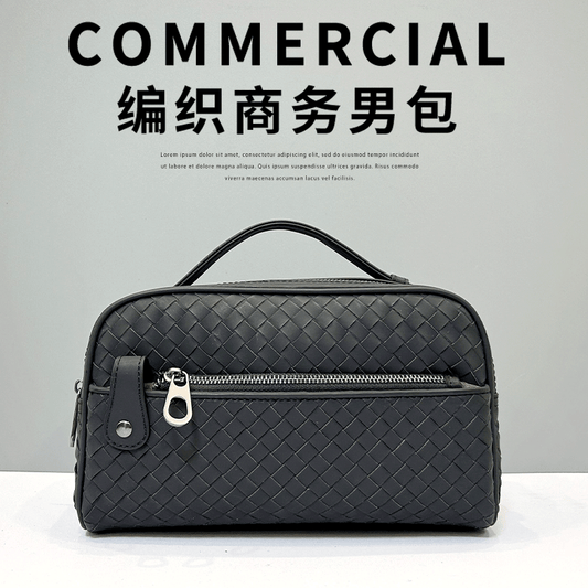 X&BV手包男真皮手挽包男士编织大容量收纳洗漱包双拉链手拿包新款