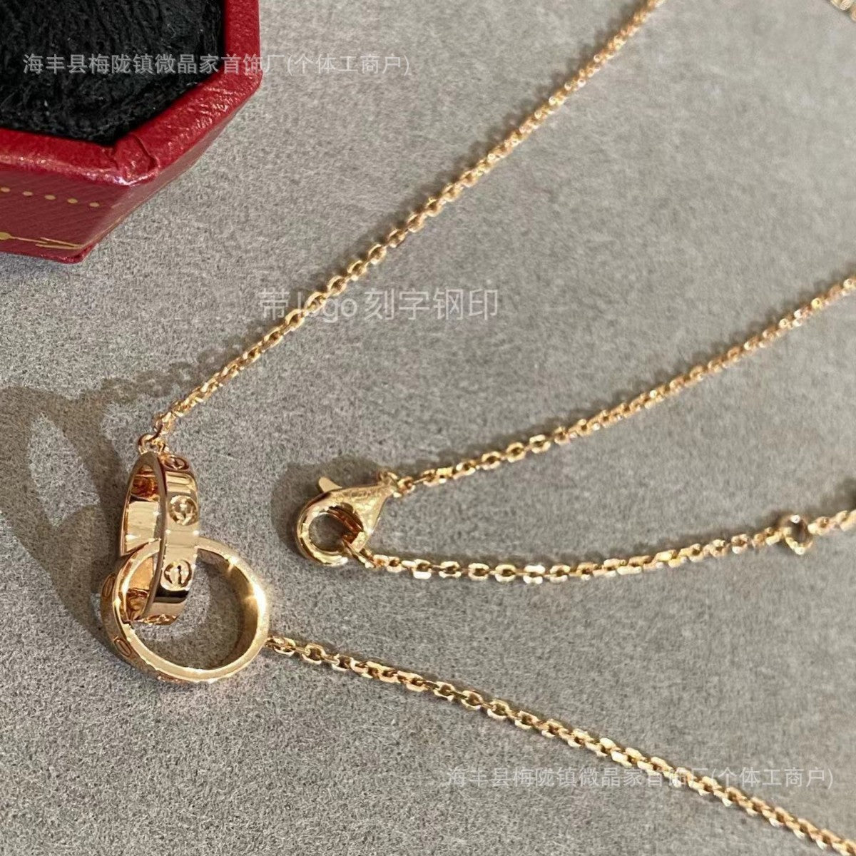 卡家高版本双环带钻项链S925银镀18K玫瑰金项链CNC精工厂家直销