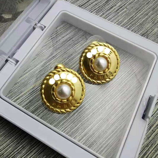 赛家新款麻花圈珍珠字母耳环中古vintage耳钉复古时尚