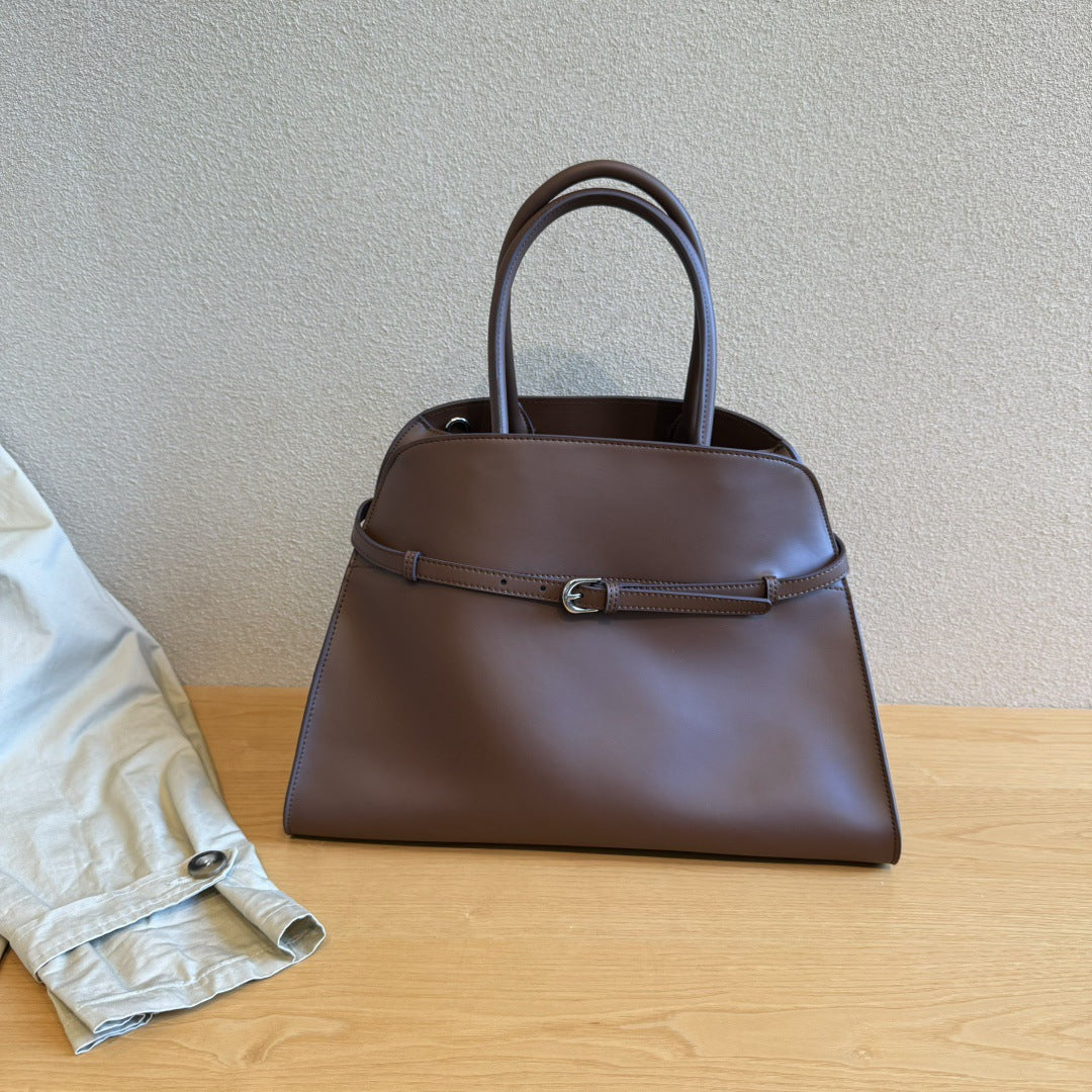 头层牛皮皮带装饰托特包大容量单肩手提包高级慵懒感马鞍包包女