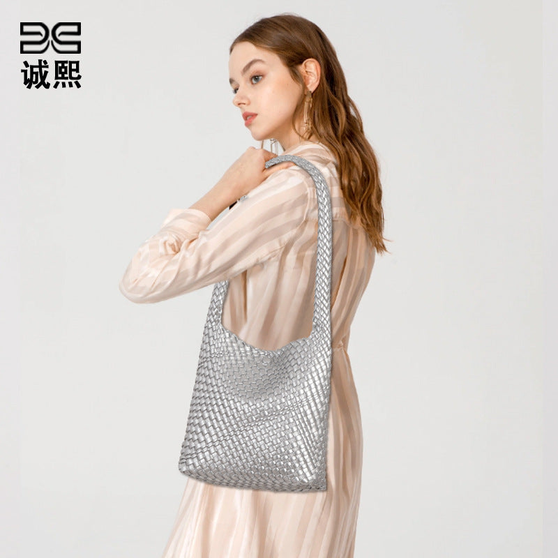 欧美风潮流单肩托特包时尚简约手工编织包包软皮大容量子母腋下包