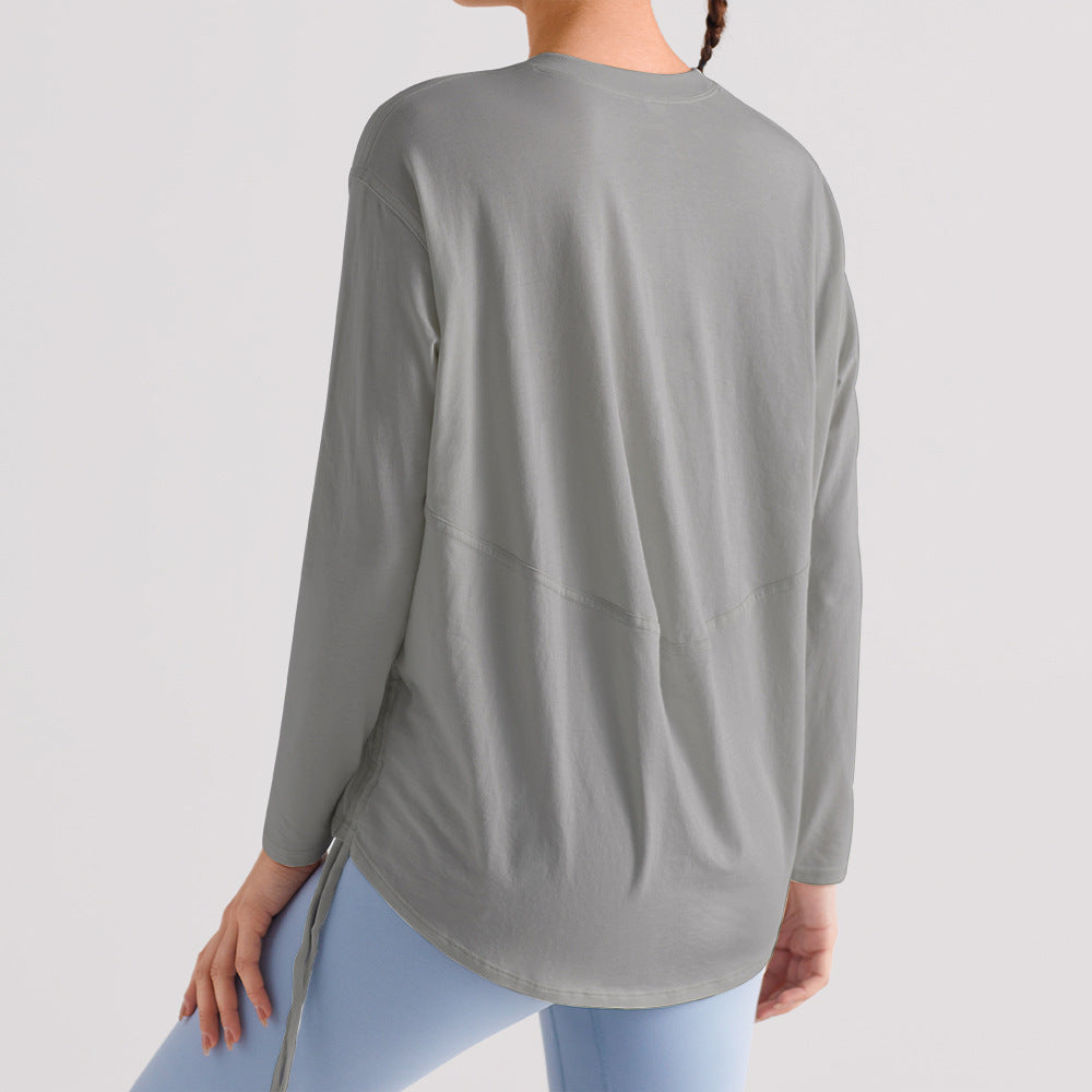 宽松抽绳运动上衣女透气速干健身T恤防晒跑步瑜伽服长袖休闲罩衫