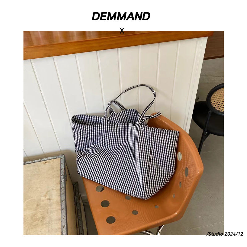 黑白格子帆布包大容量托特包包女休闲慵懒风购物袋轻便单肩包大包