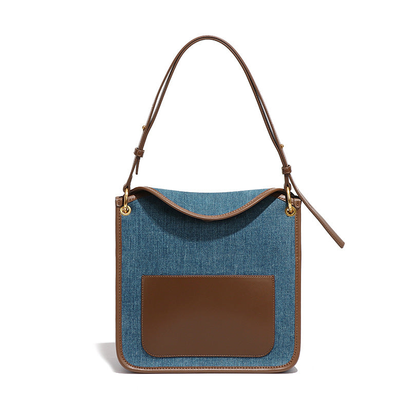 小众设计原创包包女牛仔布撞色复古大容量背包托特包单肩包斜挎包