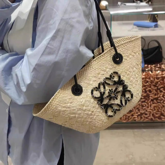 田园风手工编织托特包2024新款沙滩度假手提单肩包法式藤编草编包