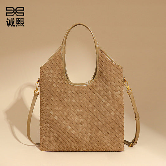 韩版时尚磨砂手提水桶包通勤大容量单肩腋下包新品麂皮绒托特女包