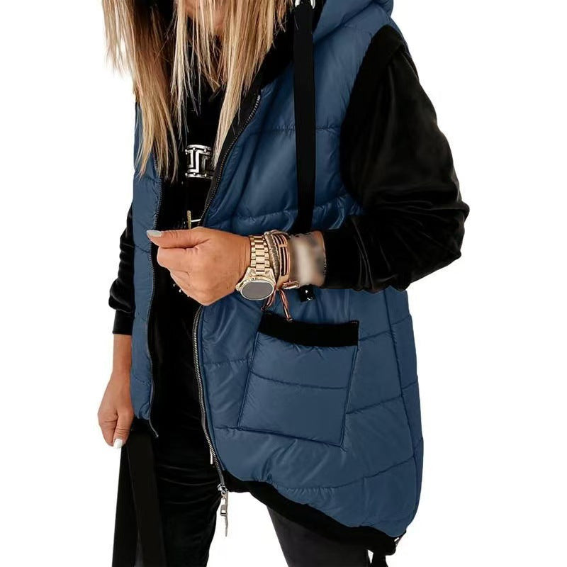 2025新款亚马逊独立站连帽双口袋棉服背心马甲女