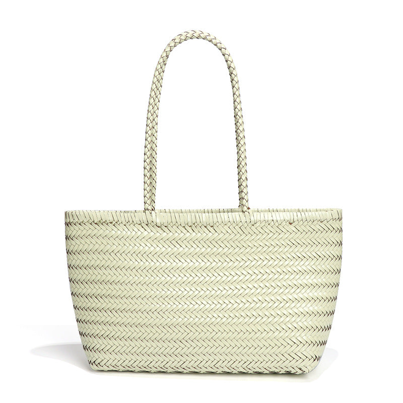 牛皮复古菜篮子手提托特女包个性手工编织包休闲度假风单肩腋下包