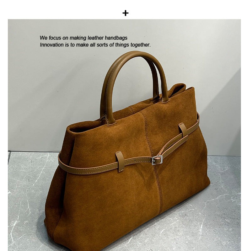 女包中古麂皮大容量托特包保龄球包牛皮通勤公文包腋下手提斜挎包