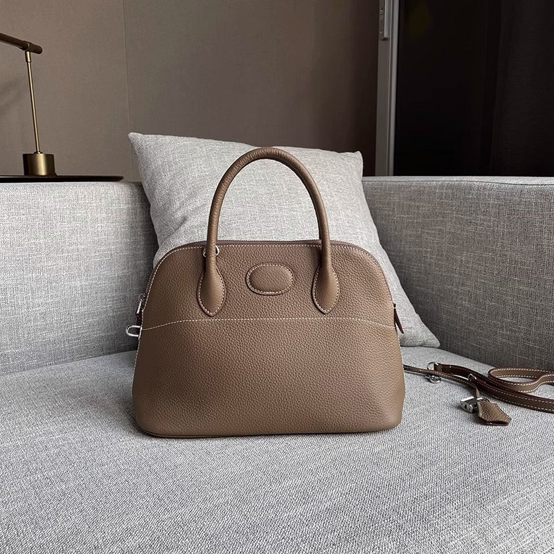 新款荔枝纹真皮贝壳包头层牛皮保龄球手提包拉链大容量通勤女包