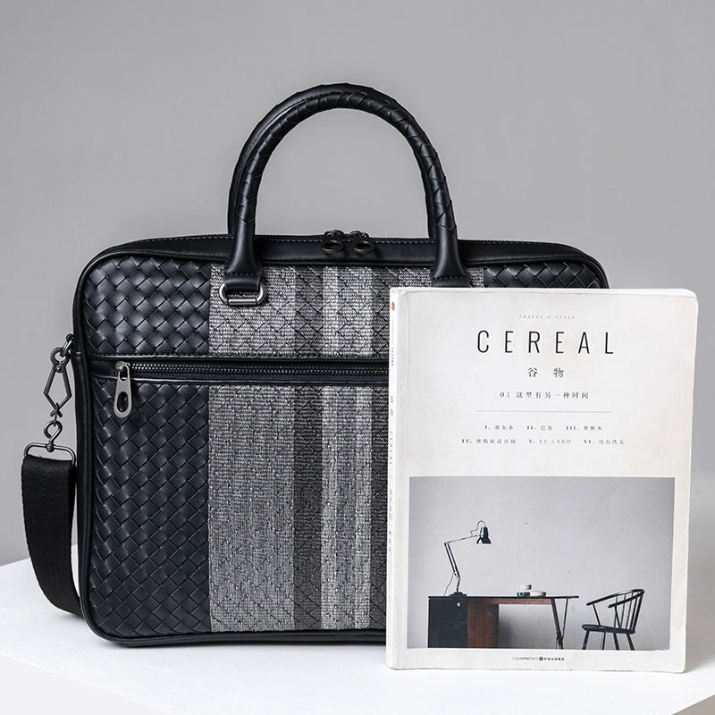 X&BV男包手提包真皮编织男士公文包大牛皮商务休闲单肩斜挎手拎包