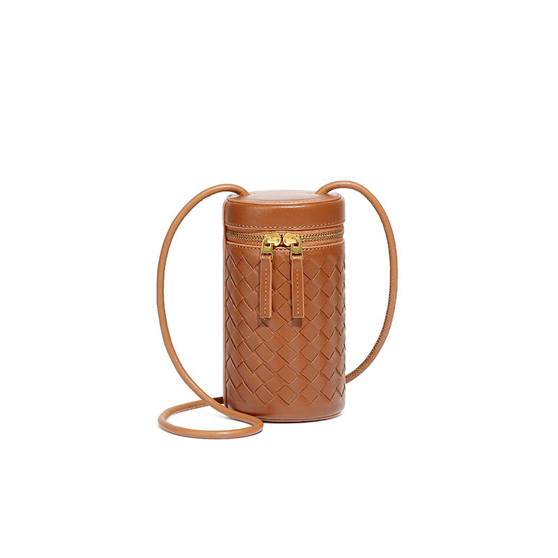 时尚简约纯色圆筒包新款百搭手工编织包包迷你可爱单肩斜挎手机包