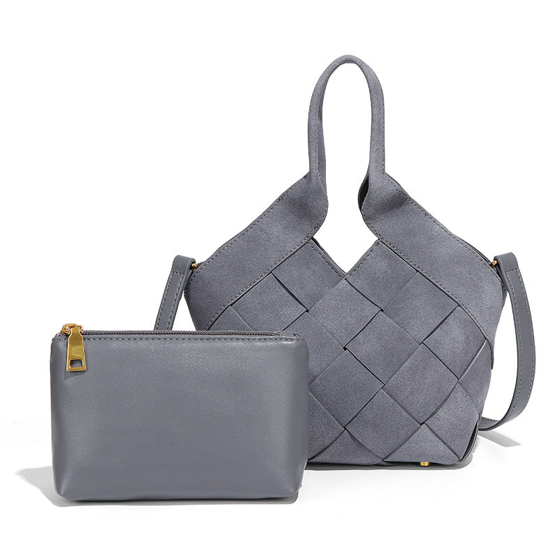 时尚磨砂高级感手拎单肩女包小众手工编织包包简约潮流子母斜挎包