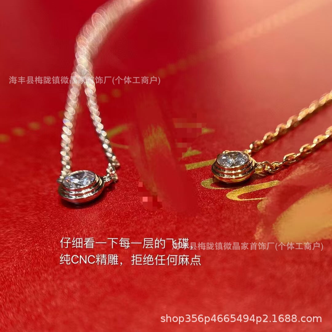 卡家高版小飞碟项链S925银镀18K玫瑰金单钻项链CNC精工厂家直销
