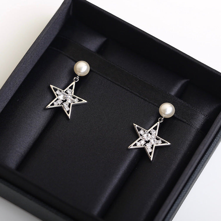 缪家新款珍珠耳环星星水晶耳坠气质时尚简约五角星形珍珠耳钉女