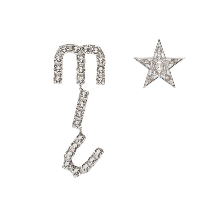 缪家春夏新款MIU字母满钻耳环不对称耳吊女水晶耳坠个性气质大方