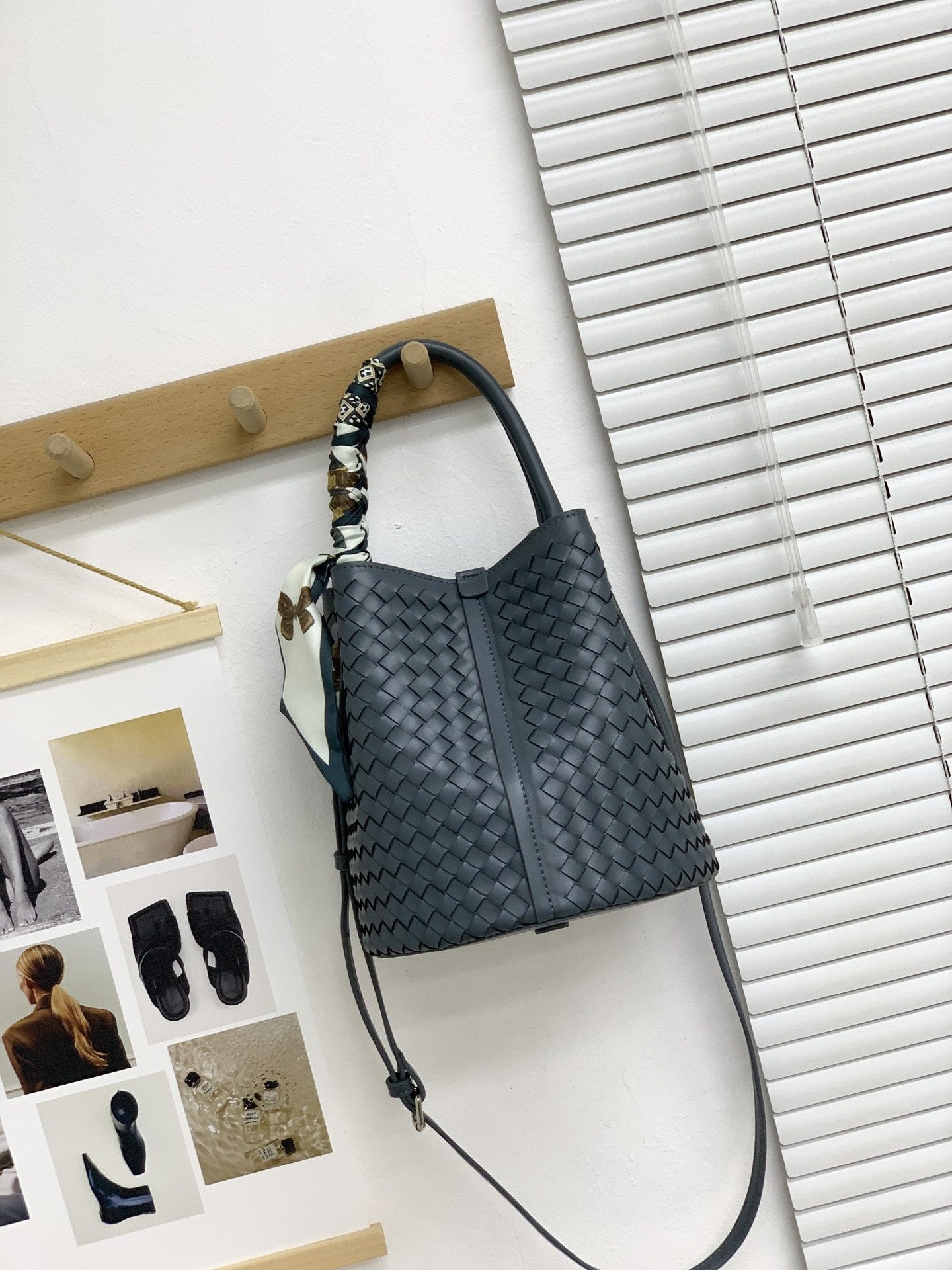 编织牛皮水桶包女斜挎包大容量高级感真皮菜篮子手提包女通勤单肩