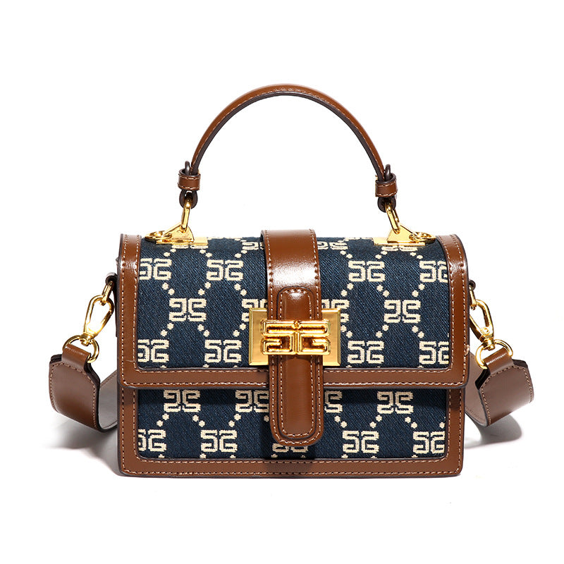 2025新款手提盒子小方包复古刺绣牛仔蓝单肩包通勤百搭斜挎女包包