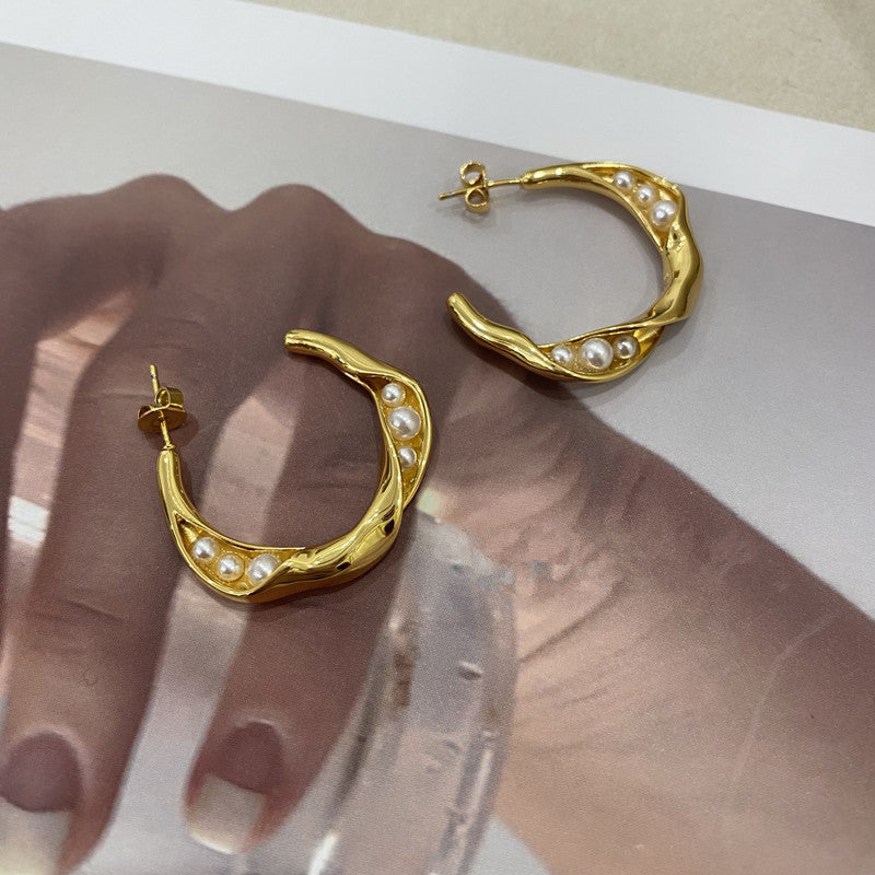 赛家新款C型豌豆荚珍珠耳环C形个性法式复古时尚扭曲珍珠耳钉女