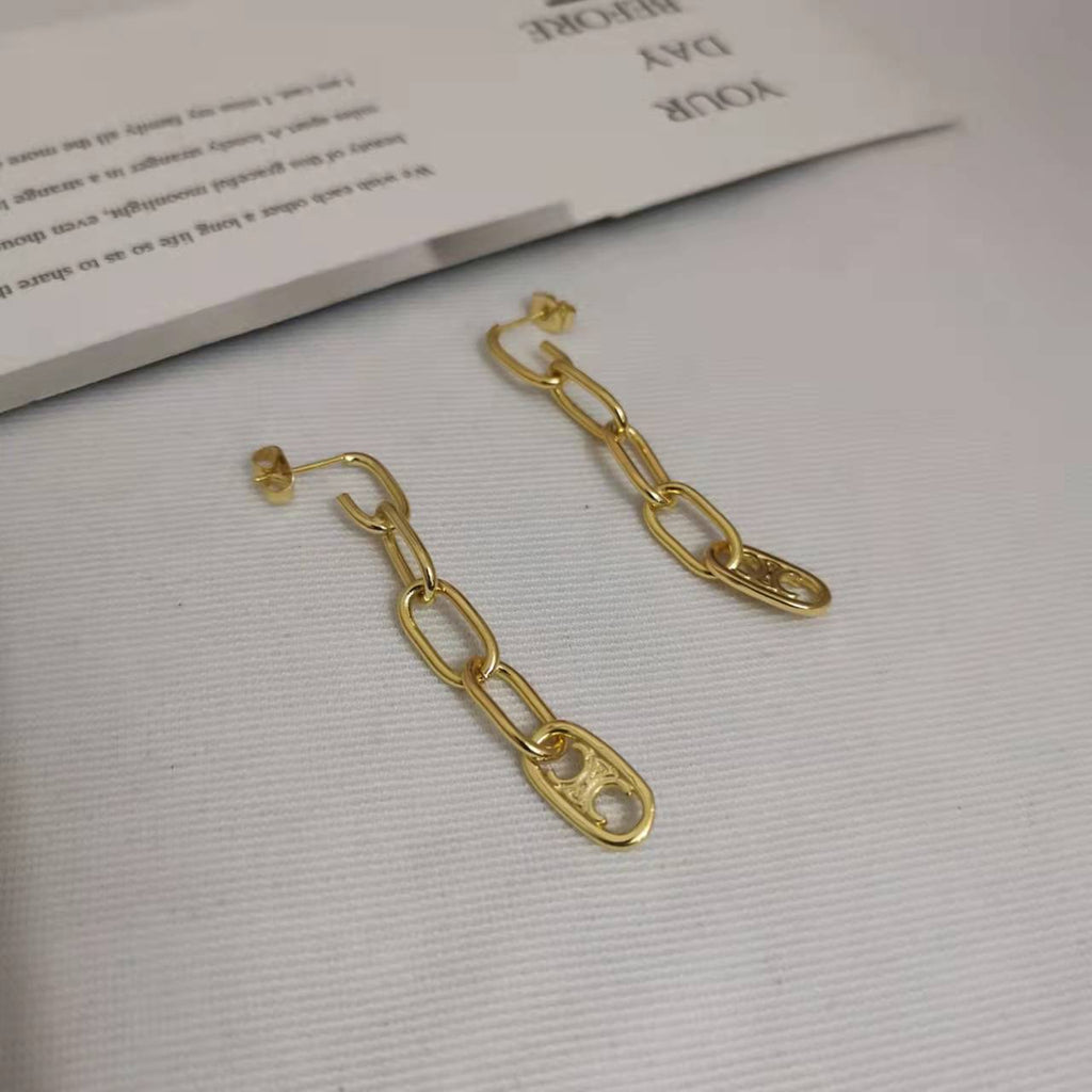 赛家21新款长款链条凯旋门耳钉女高级感气质光面几何形镀金耳环