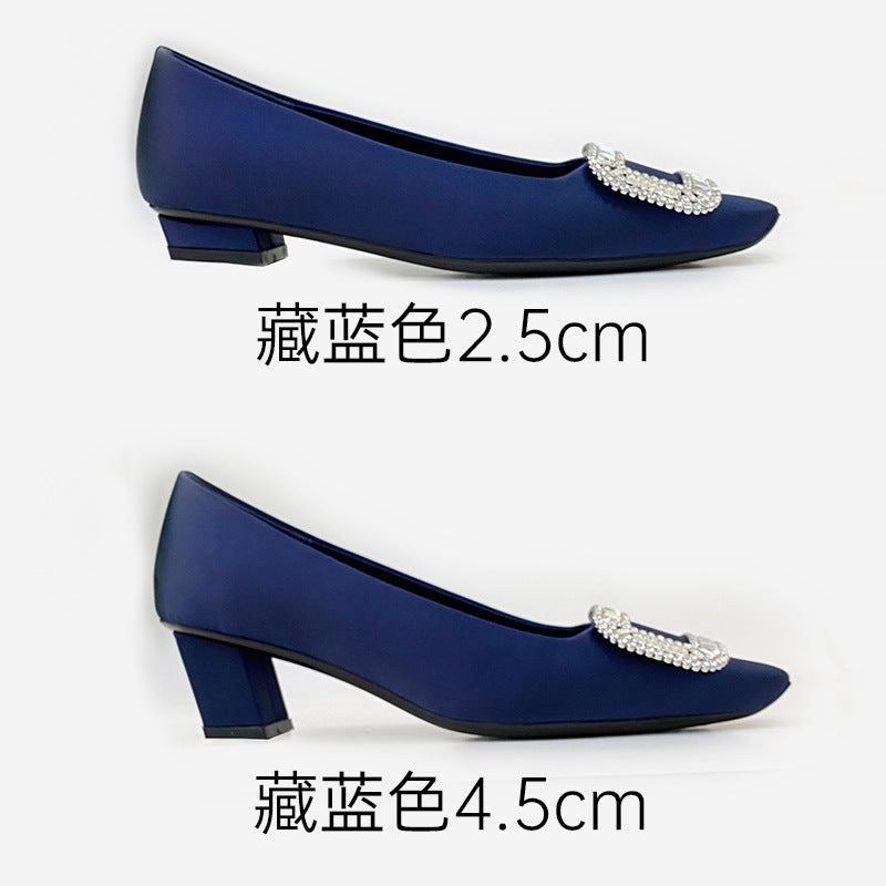 RV小香风高跟鞋真丝绸缎水钻方扣浅口中跟方头单鞋女婚鞋女中跟