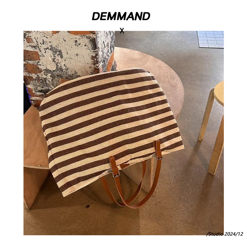 网红同款包包女士2024新款大容量条纹棉麻牛皮单肩托特包手提大包