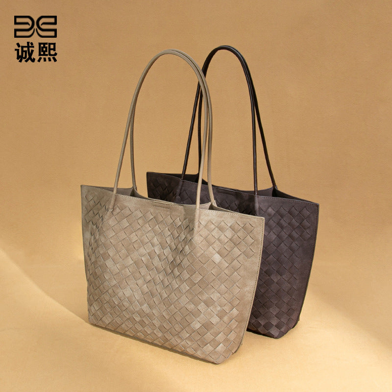 秋冬新款大容量单肩腋下女包编织磨砂手提包质感潮流子母托特包女