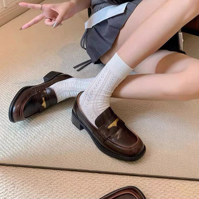 牛皮版~复古乐福鞋女2025新一脚蹬粗跟圆头单鞋百搭英伦风小皮鞋