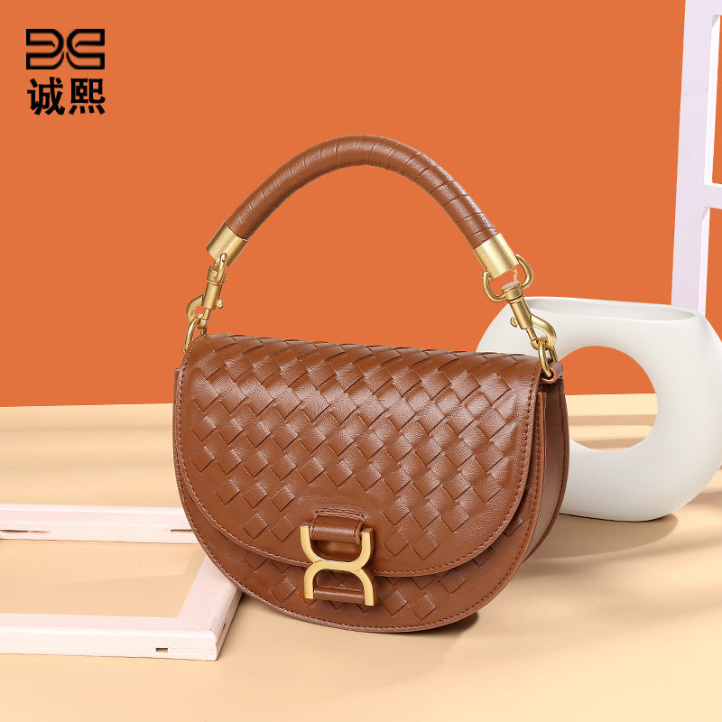 复古半圆编织马鞍包高级感定制单肩包金属扣手提包时尚潮流斜挎包
