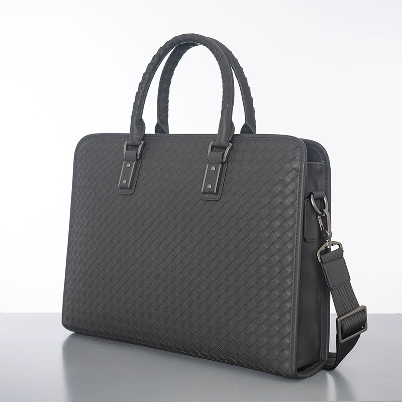 X&BV公文包男商务真皮手提包男士单肩斜挎包横款编织青年休闲包包