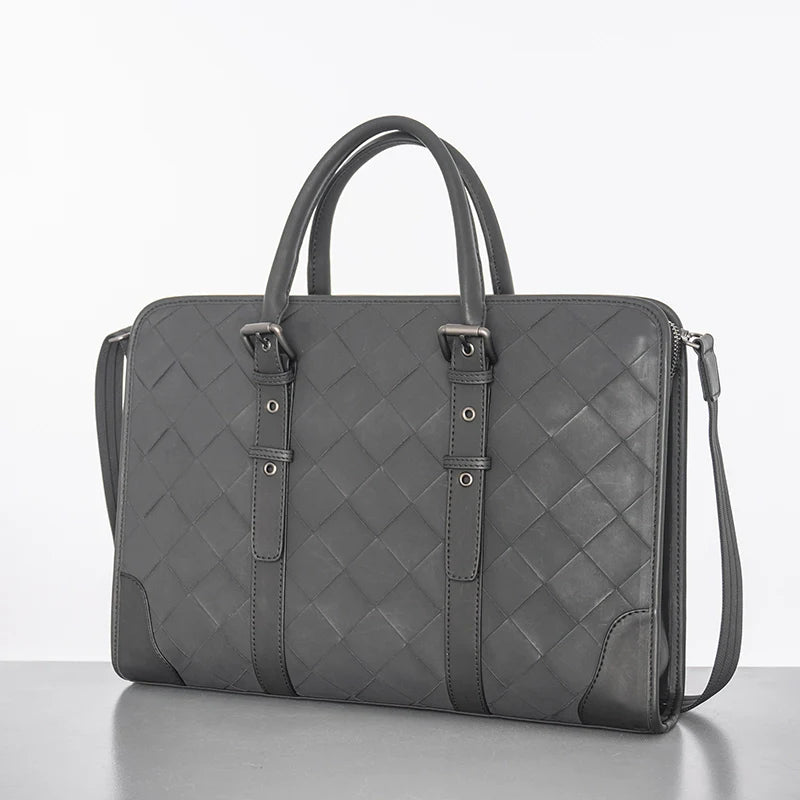 X&BV男包手提包商务真皮横款电脑包编织休闲单肩斜挎包男士公文包