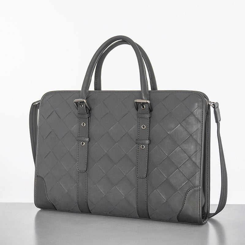 X&BV男包手提包商务真皮横款电脑包编织休闲单肩斜挎包男士公文包