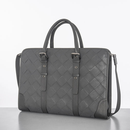 X&BV男包手提包商务真皮横款电脑包编织休闲单肩斜挎包男士公文包