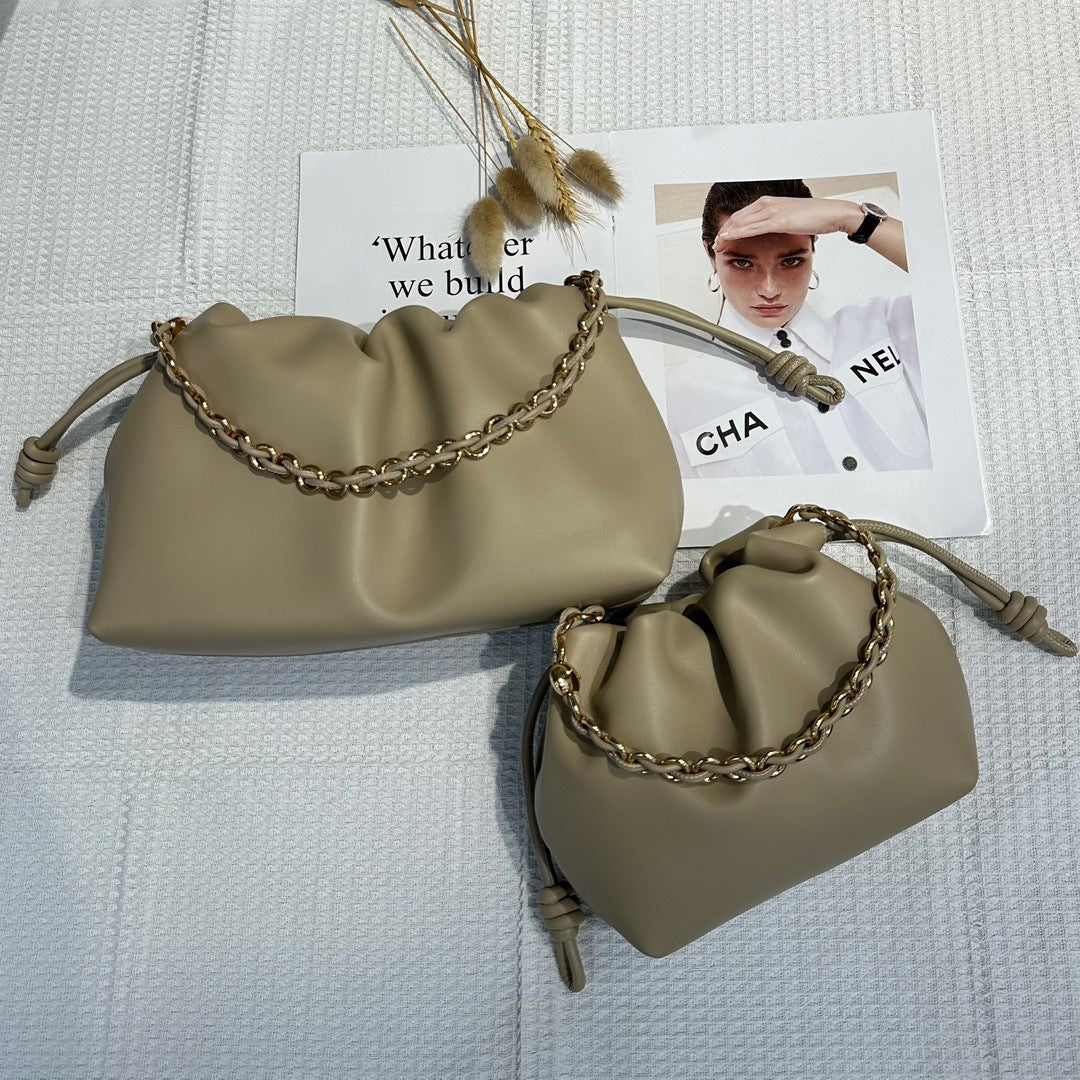 新品褶皱牛皮云朵包新中式抽绳福袋包时尚链条腋下包单肩斜挎小包