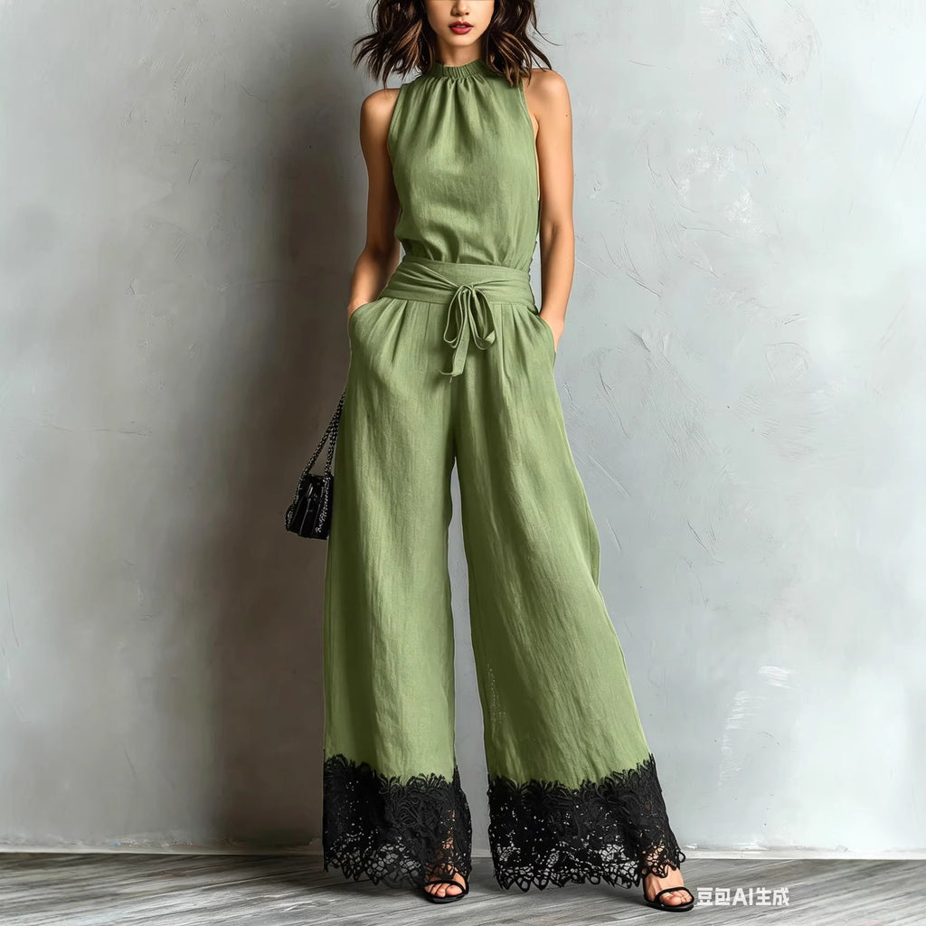 2026夏季新款欧美跨境女装优雅无袖挂脖上衣系带蕾丝阔腿连体裤