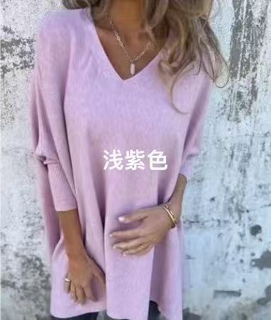 2024新款亚马逊独立站欧美秋冬季新款长袖针织V领宽松长款上衣女