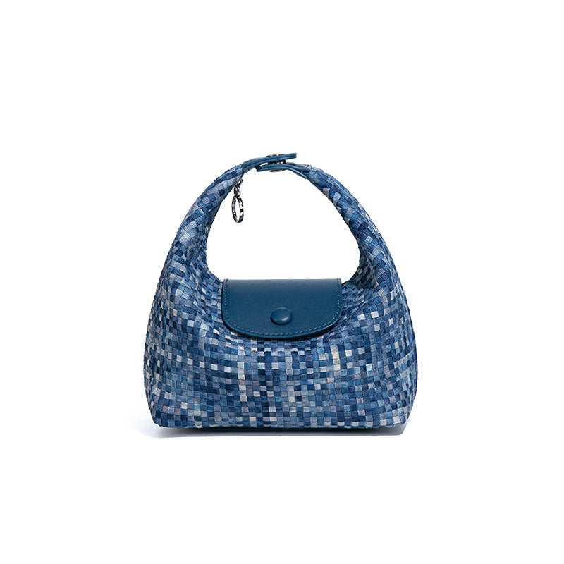 潮流新款拼接手拎饭盒包时尚手工编织女包休闲百搭小众单肩斜跨包