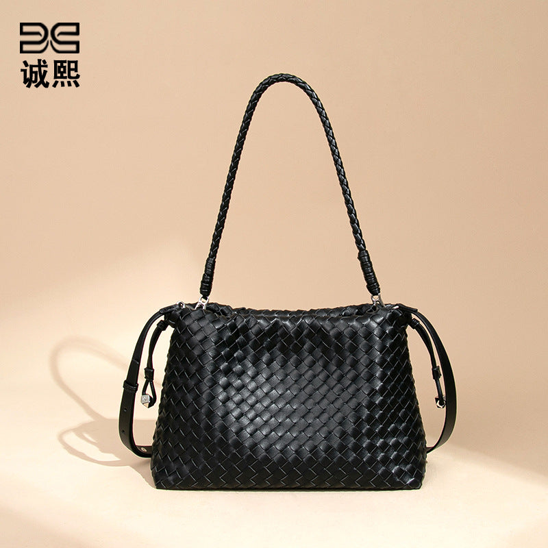 亚马逊新款高级感单肩腋下女包时尚抽绳编织云朵包通勤斜跨法棍包