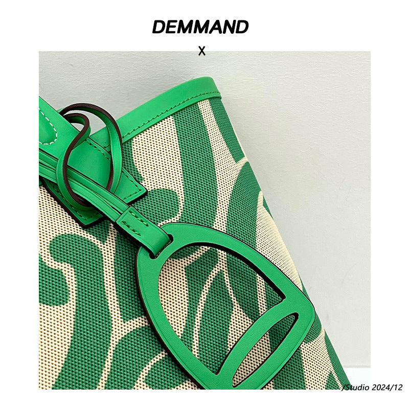 女包高级时尚百搭腋下托特包手工编织牛皮拼帆布撞色手提菜篮子包