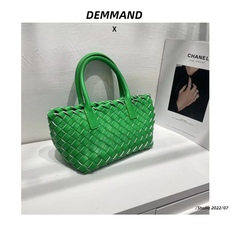 2022新款小手提包牛皮上班通勤手拎托特包斜挎包真皮菜篮子编织包