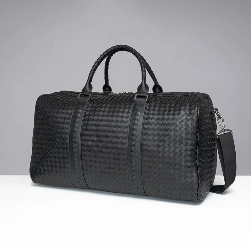 X&BV男士手提旅行包真皮大容量商务编织单肩斜挎包健身短途行李包